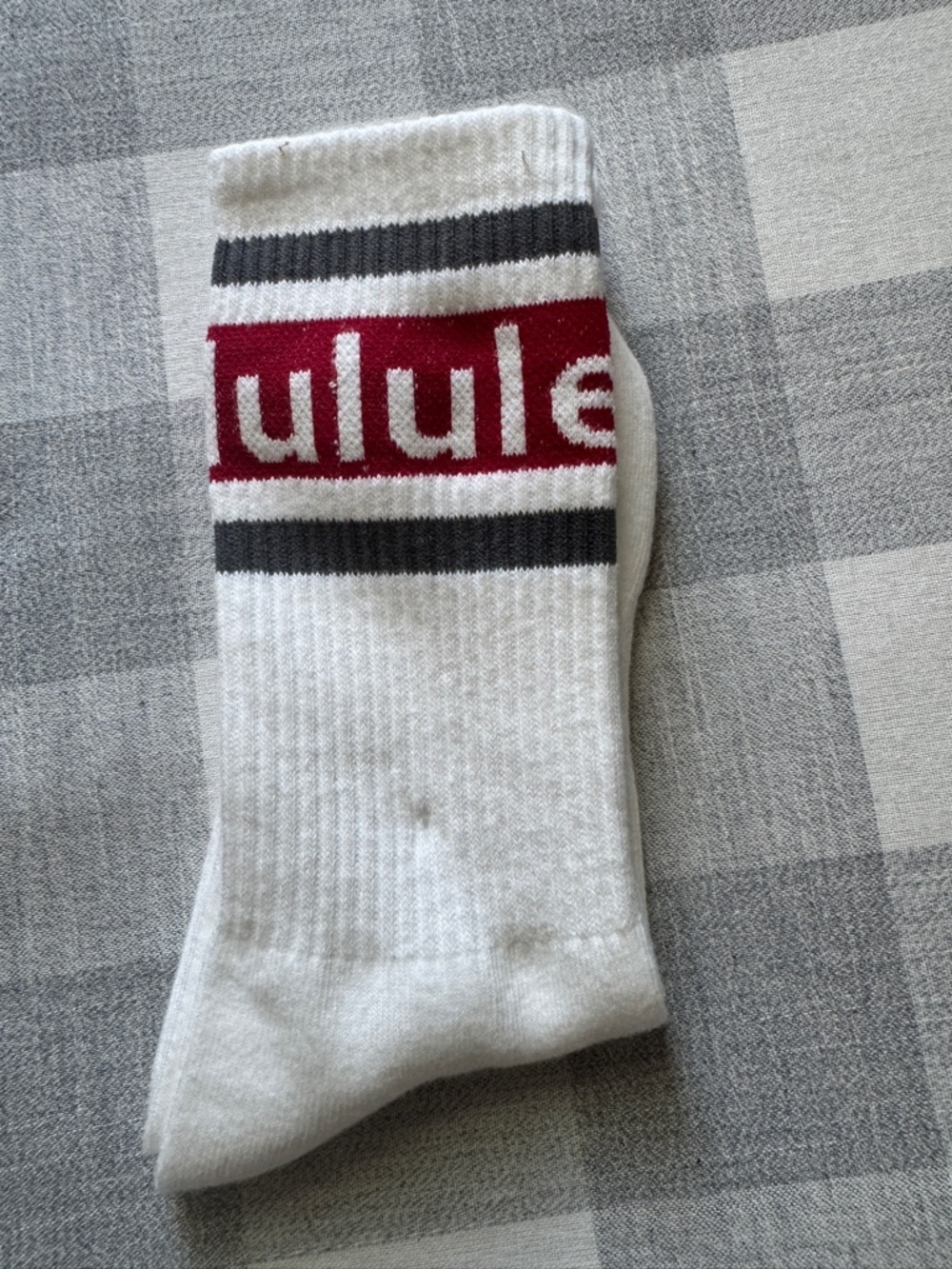 lululemon athletica White Crew Socks with Red and Gray Stripes-NWOT